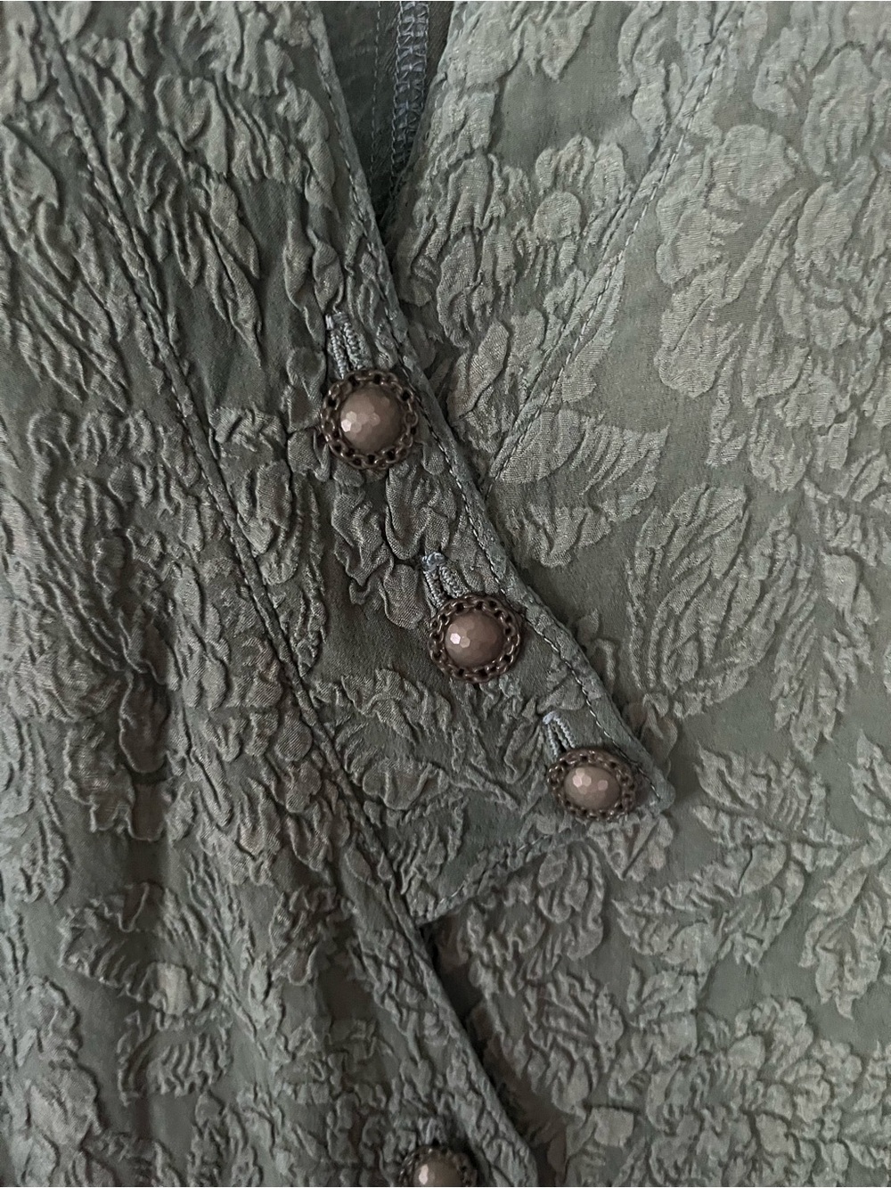 URU szXL Vintage-Style Textured 100% Silk Dark Green Button Front Dress/Duster - Picture 7 of 8